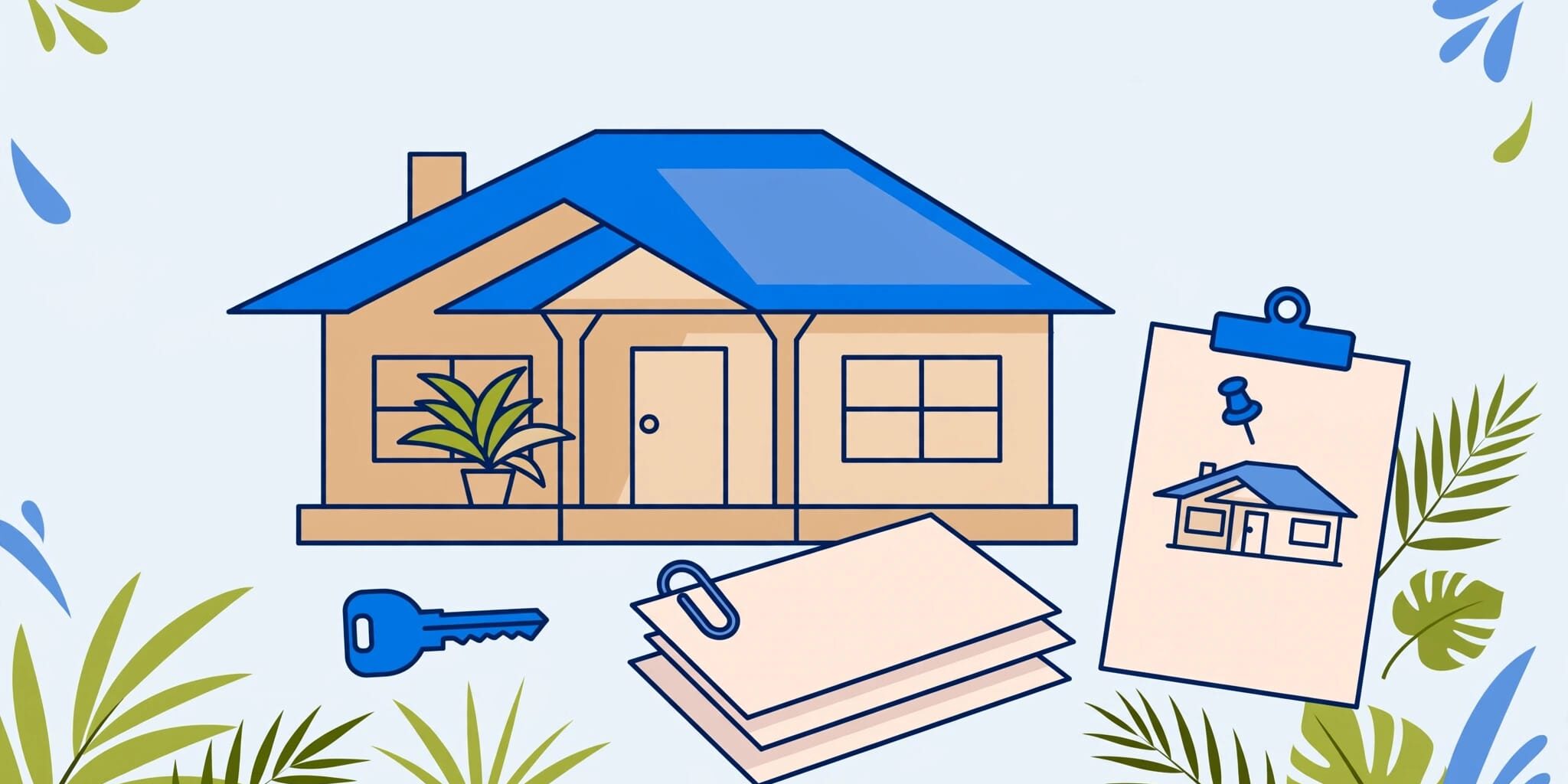 A Florida rental home with a key, blank documents, and a second house on a planning board.
