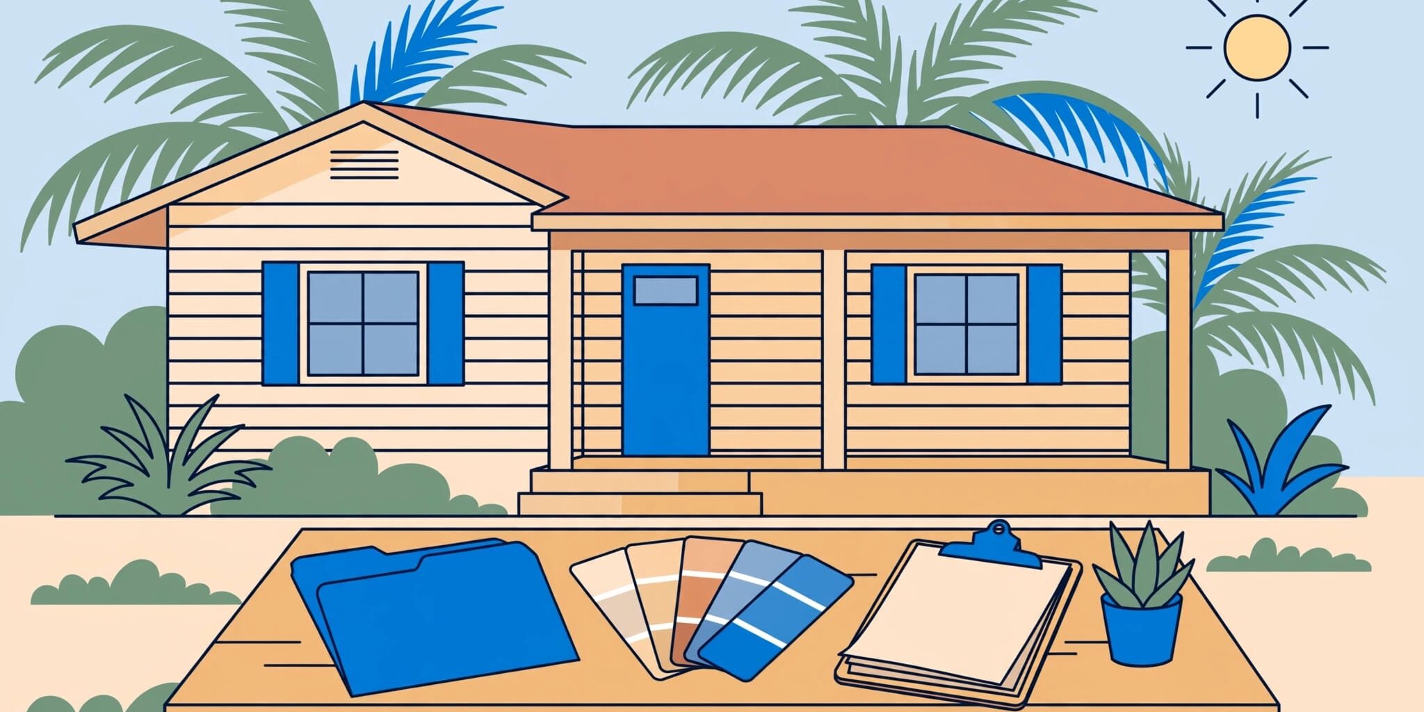 A lease folder, paint sample, and inspection records on a table before a Florida bungalow.