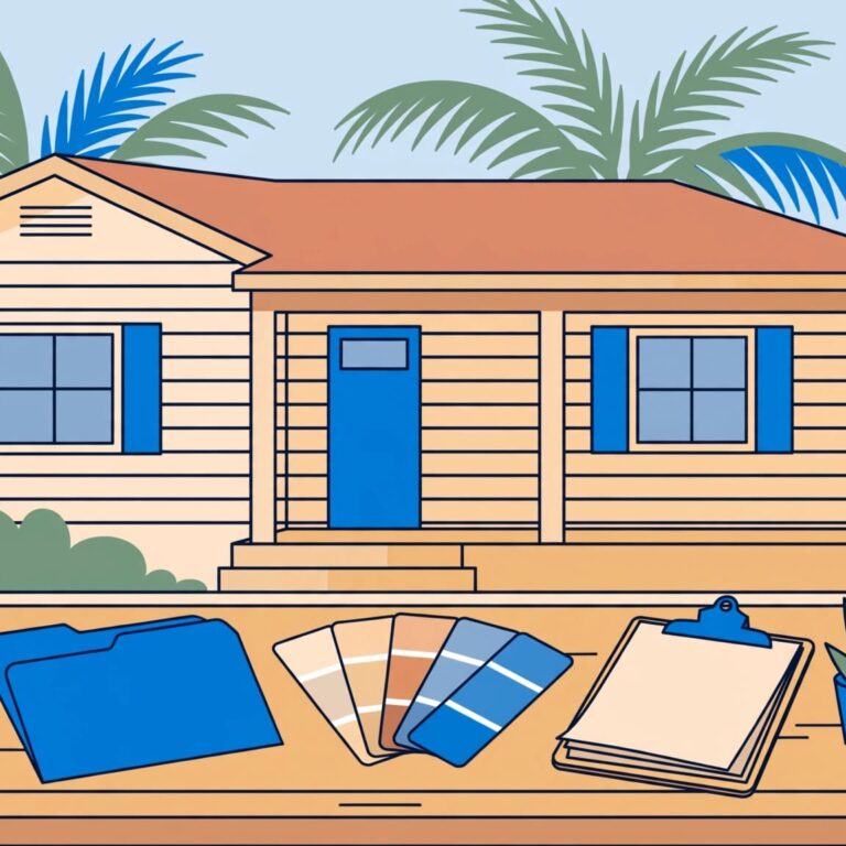 Florida Rental Disclosure Papers A lease folder, paint sample, and inspection records on a table before a Florida bungalow.