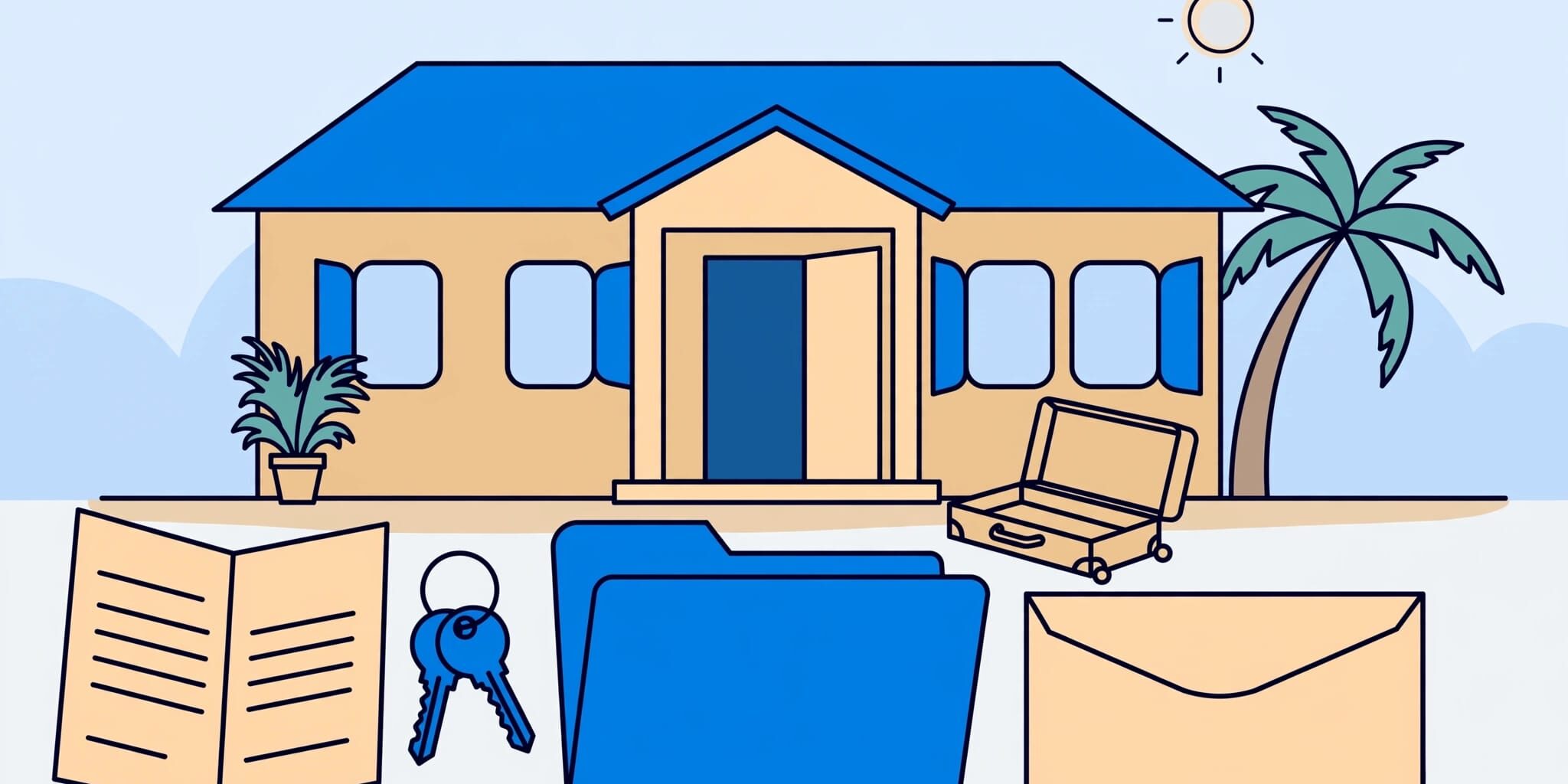 A rental home with lease papers, keys, a blue folder, suitcase, and deposit envelope.