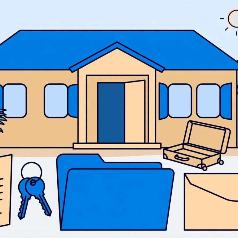 Florida Rental Lease Essentials A rental home with lease papers, keys, a blue folder, suitcase, and deposit envelope.