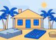 A Florida home with palm trees and property records, a calculator, and coins in front.