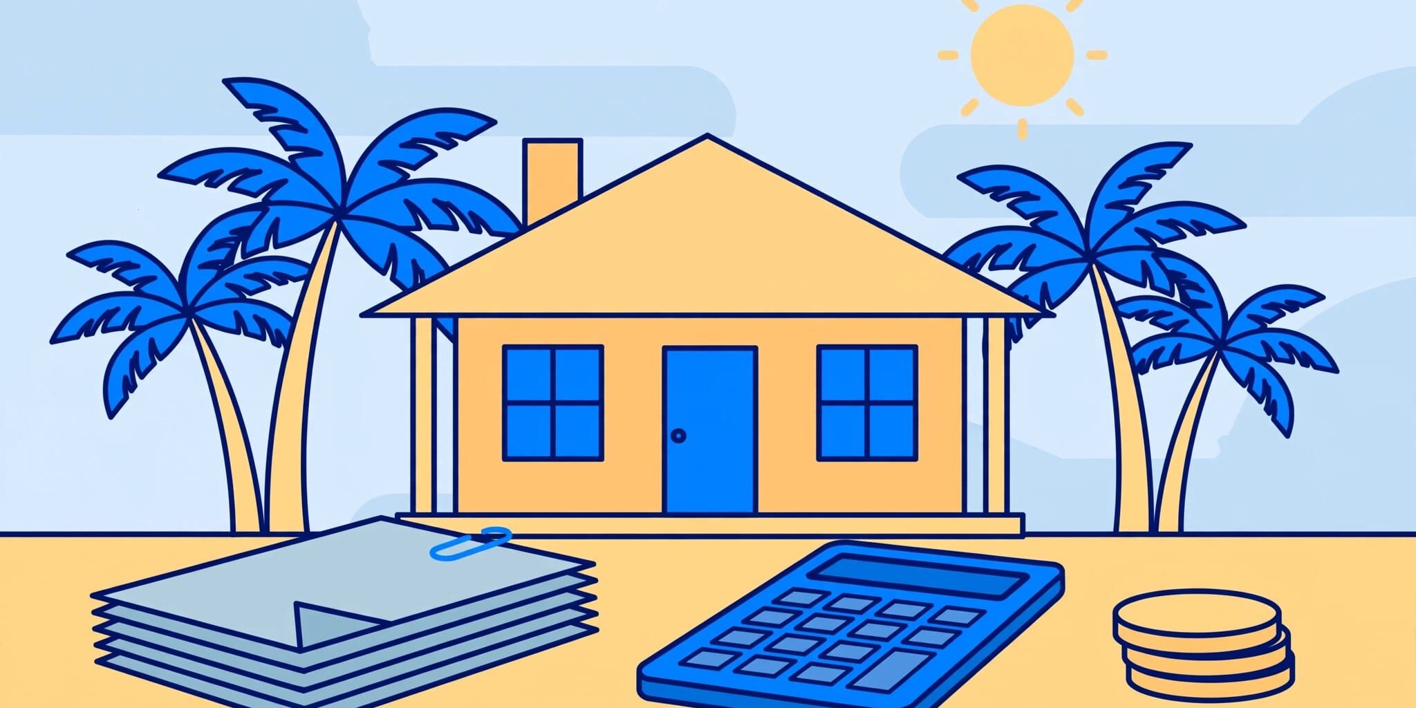 A Florida home with palm trees and property records, a calculator, and coins in front.