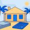 A Florida home with palm trees and property records, a calculator, and coins in front.