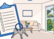 A checklist clipboard and keys in front of a clean, sunny living room.