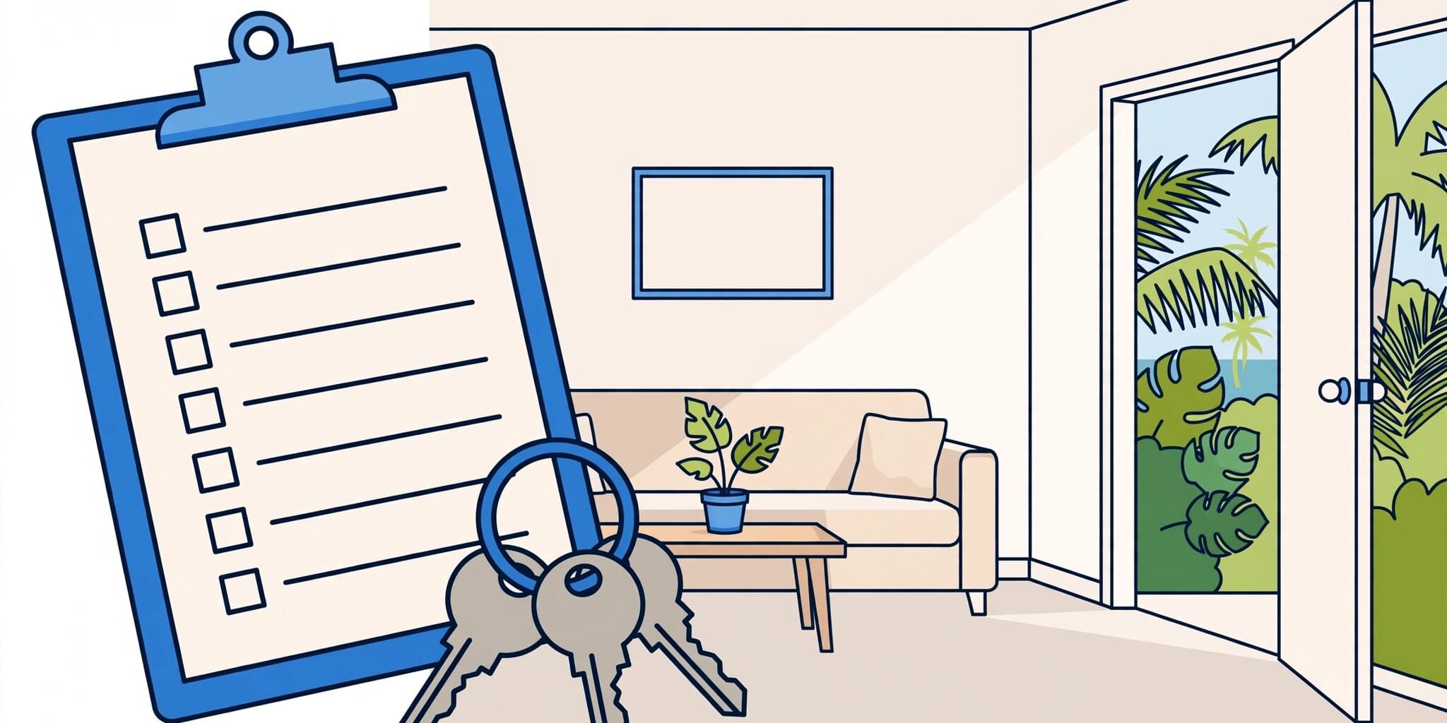 A checklist clipboard and keys in front of a clean, sunny living room.