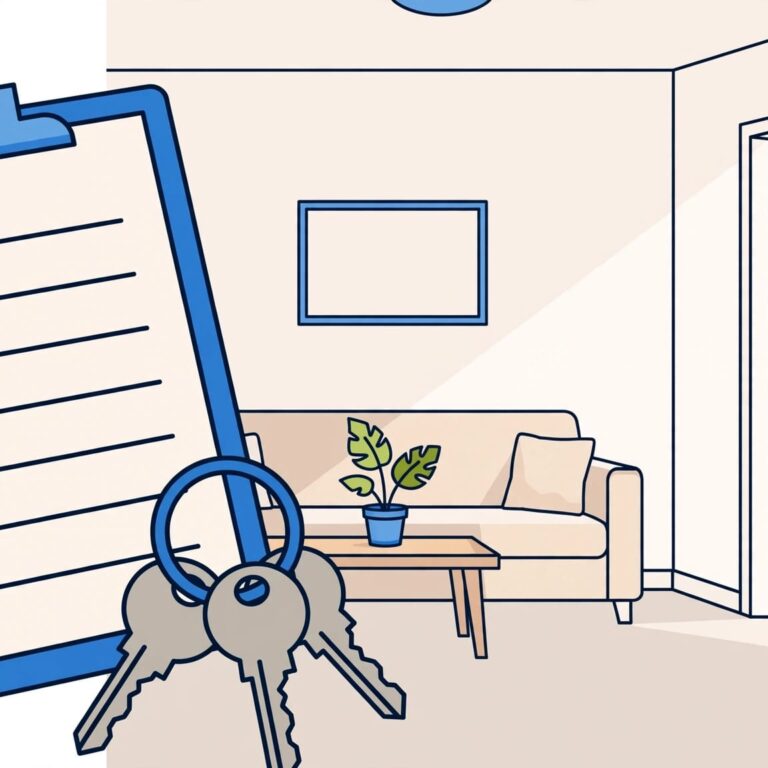 Florida Rental Turnover A checklist clipboard and keys in front of a clean, sunny living room.