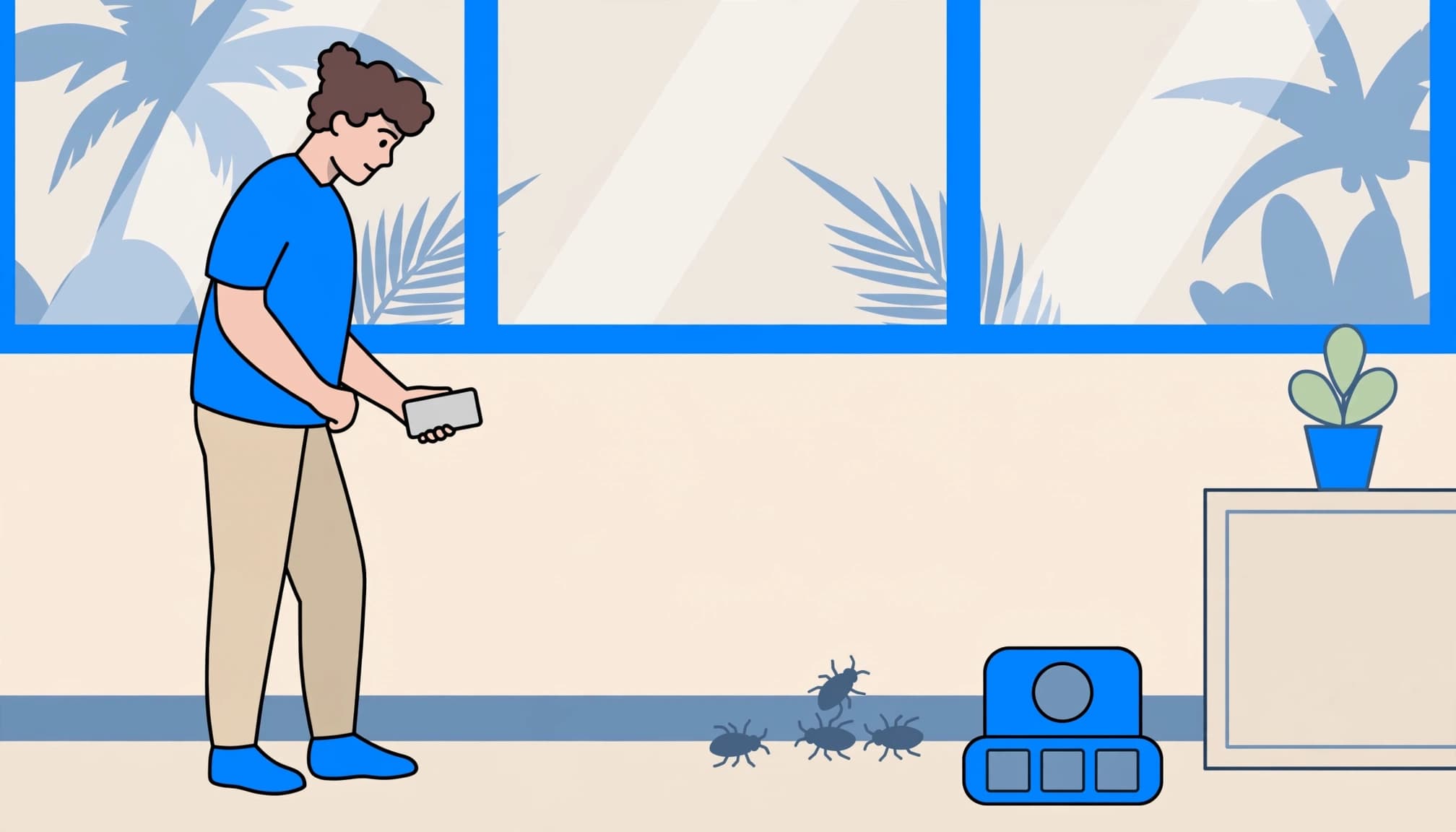 Florida landlord pest control reporting illustrated with a tenant documenting insects near a baseboard.