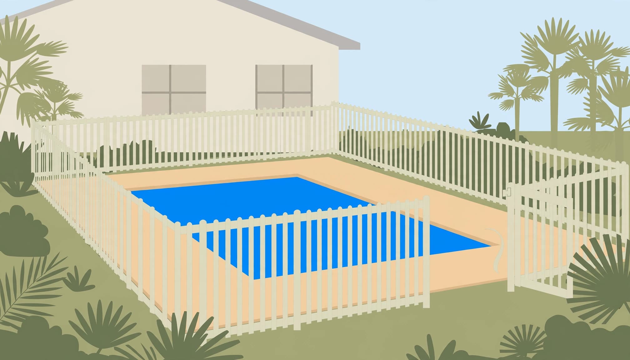 Florida pool safety requirements illustrated with a separate pool barrier and outward-opening gate