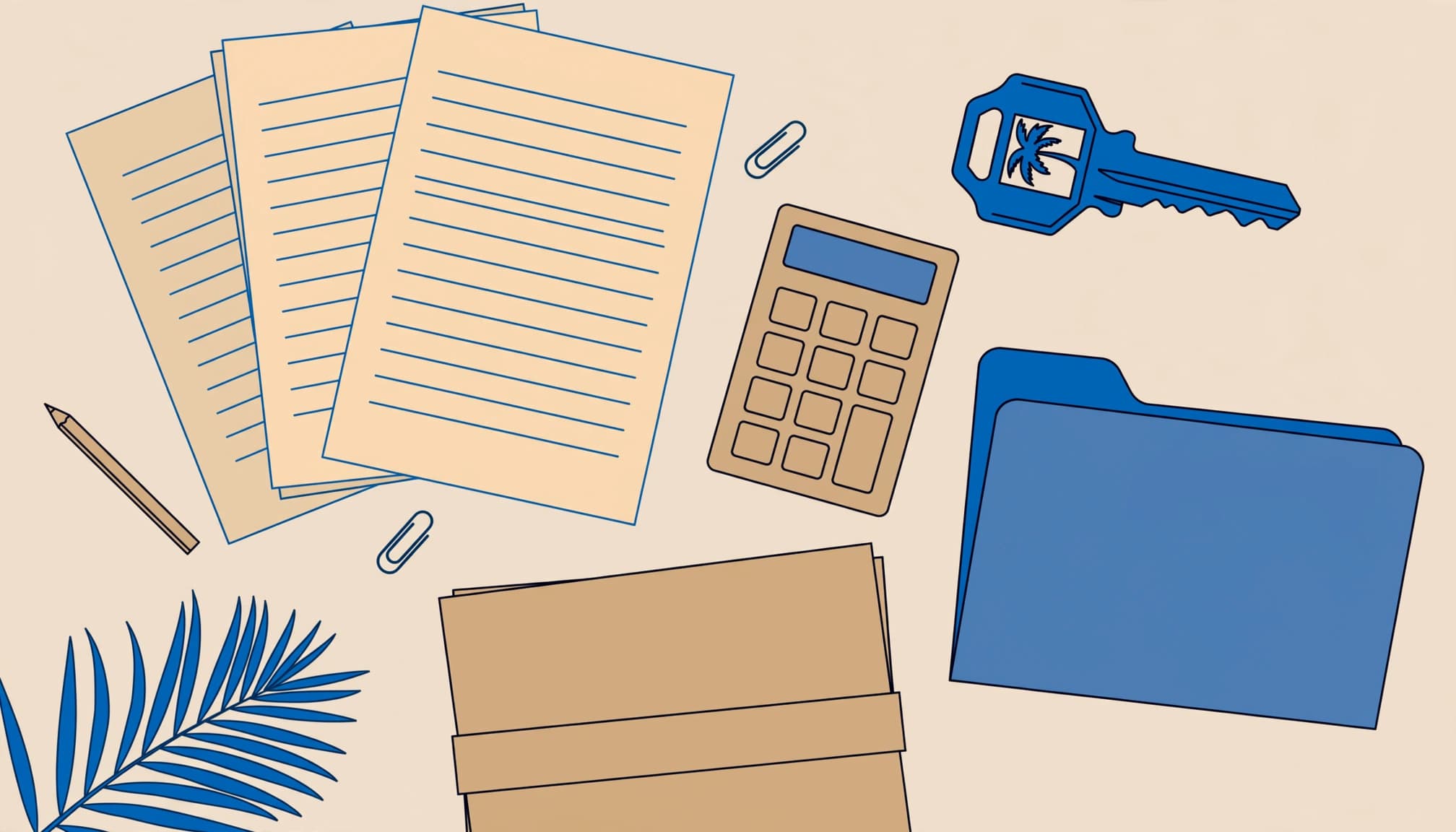Florida rental property LLC mortgage review with deed papers, a house key, calculator, and lender folder.