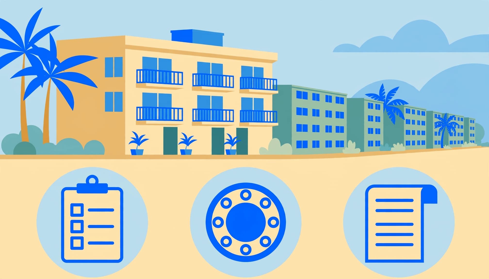 Florida vacation rental license compliance illustration showing an apartment building with safety and tax symbols.