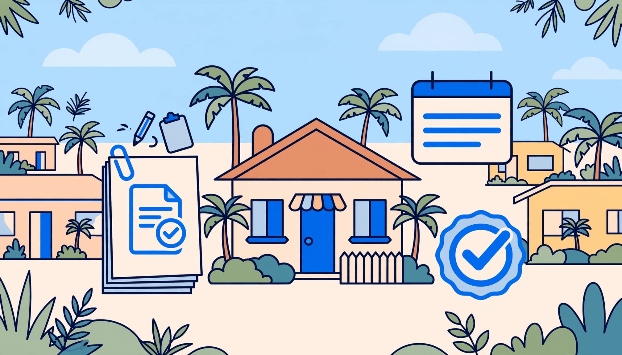 Florida vacation rental license illustration showing a rental house with approval and calendar icons.