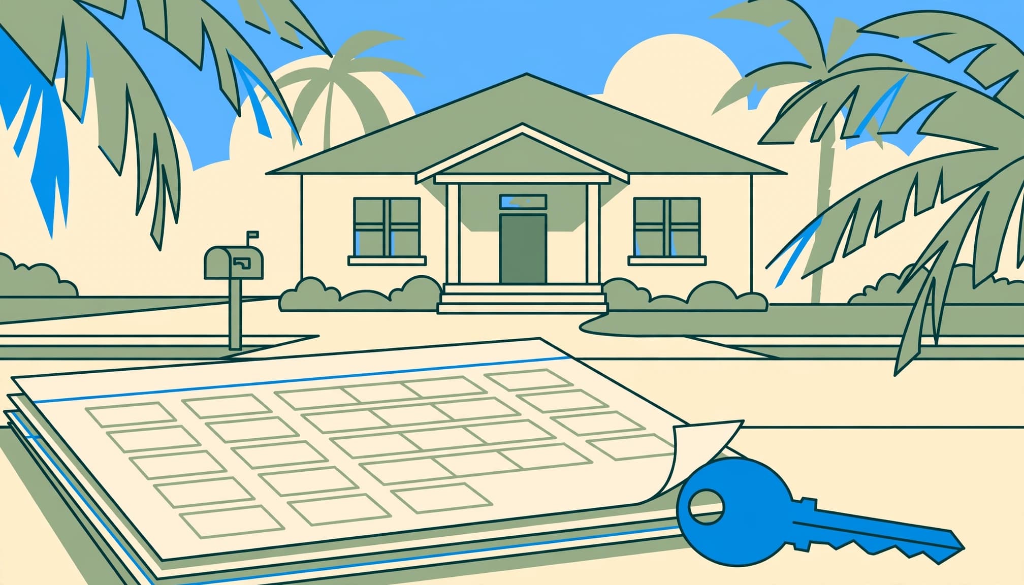 Florida lease termination notice timing illustrated with a calendar, key, and rental home