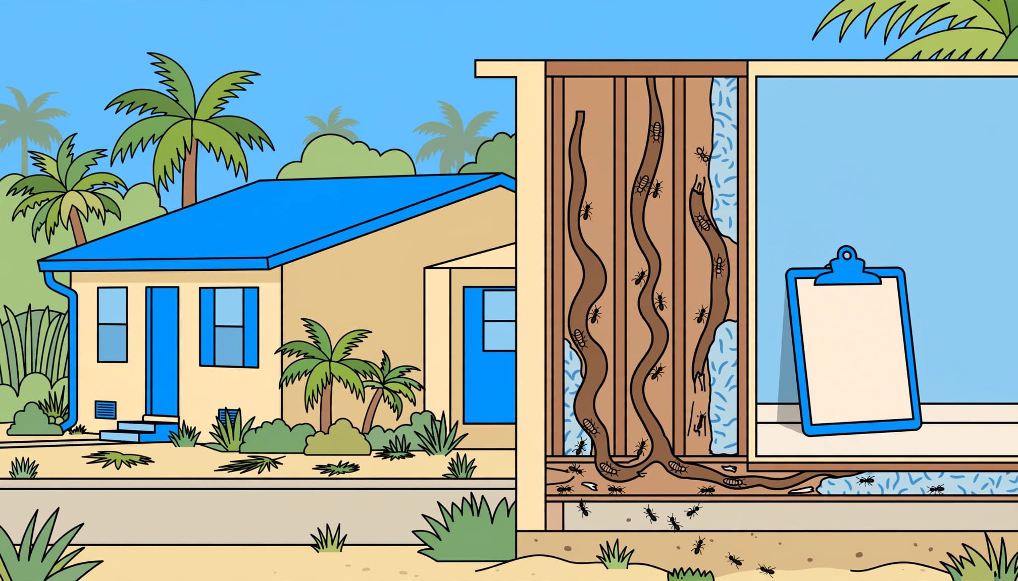 Florida landlord pest control duties illustrated with a rental home cutaway and pest activity.