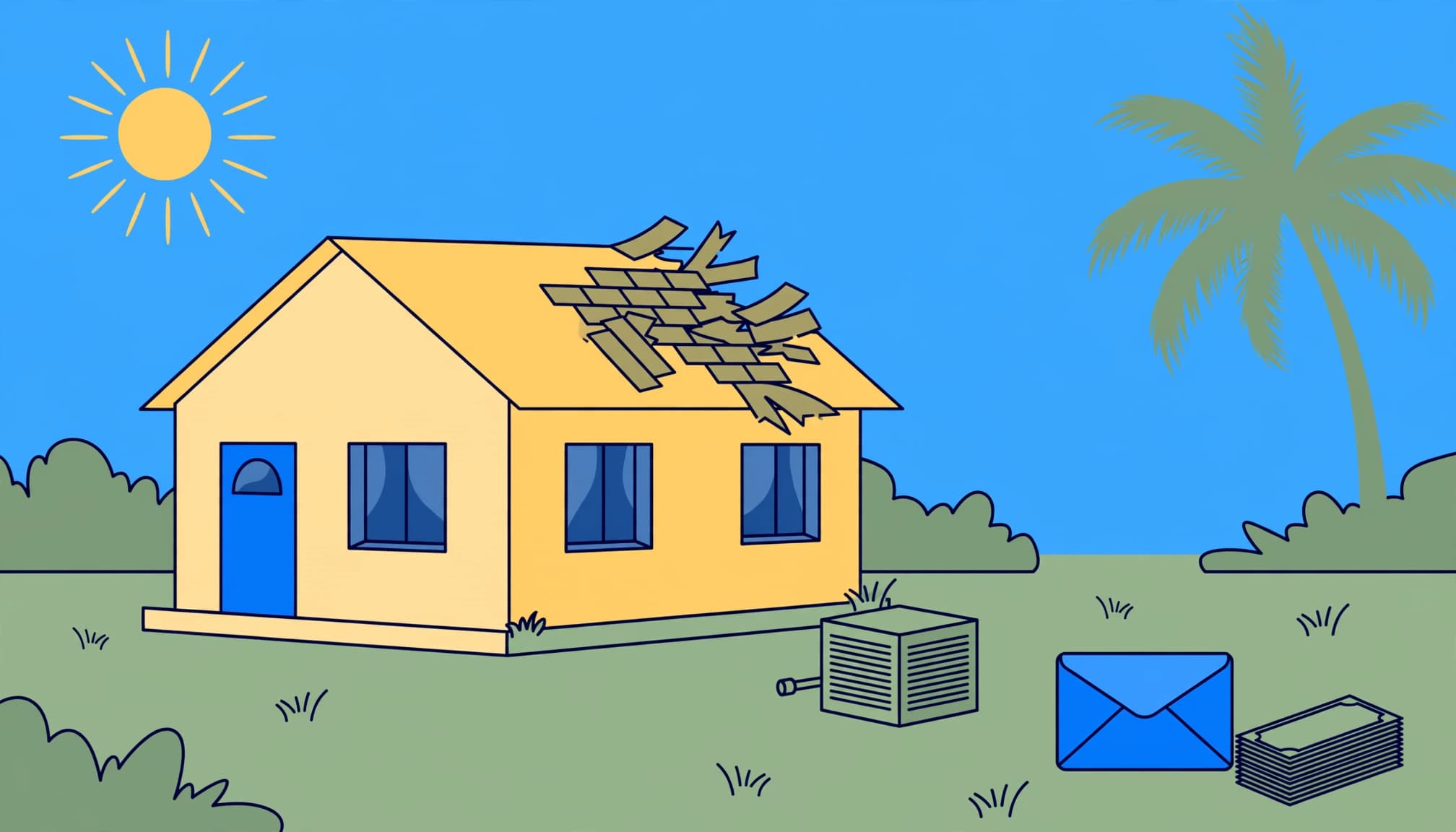 Florida rent withholding illustration showing a damaged rental home, repair notice, and reserved rent money.