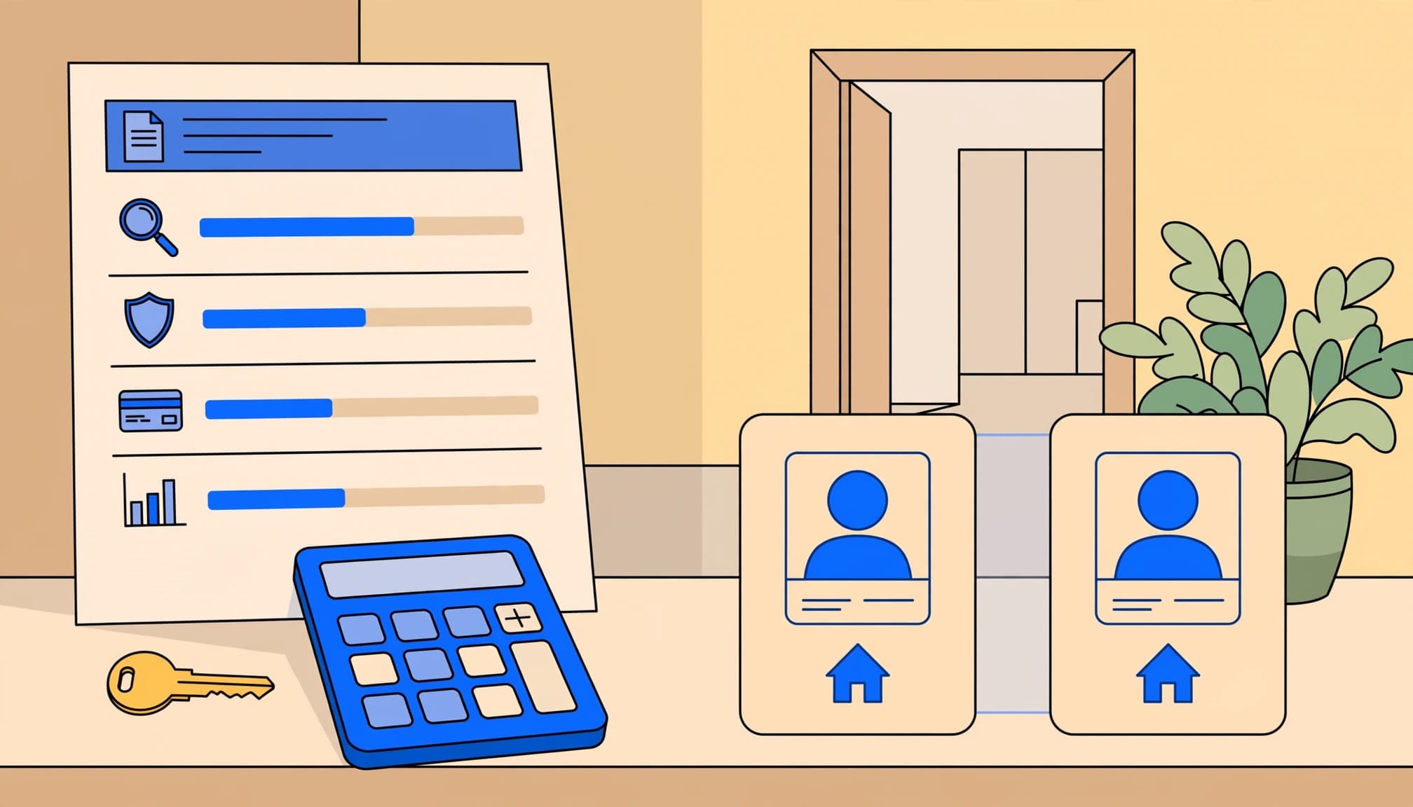 Florida rental application fees illustrated with a calculator, key, and two applicant profiles.