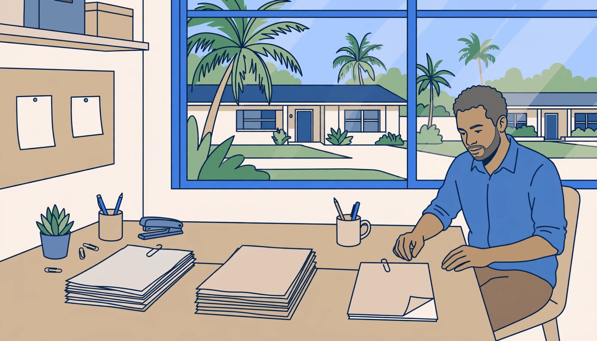 Rental management records supporting Florida landlord retaliation compliance, with a landlord organizing documents in an office.