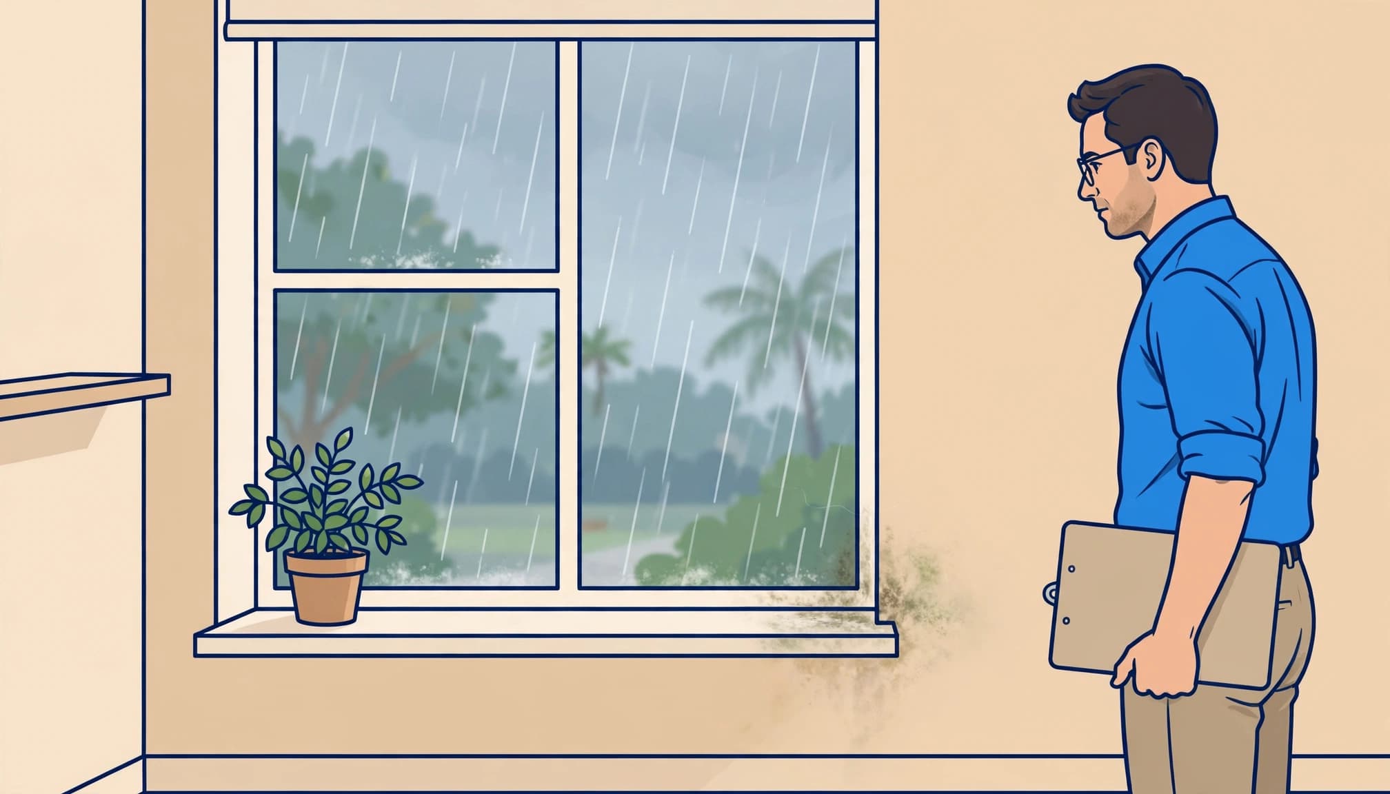 Florida rental mold inspection beside a window with a visible moisture stain