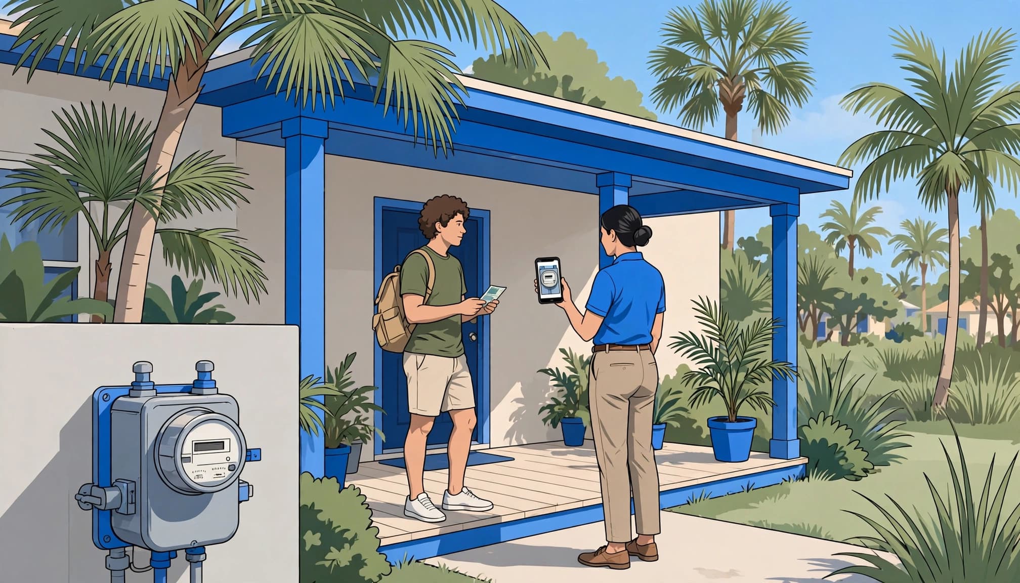 Florida landlord utility billing discussion with a tenant and property manager reviewing move-out records