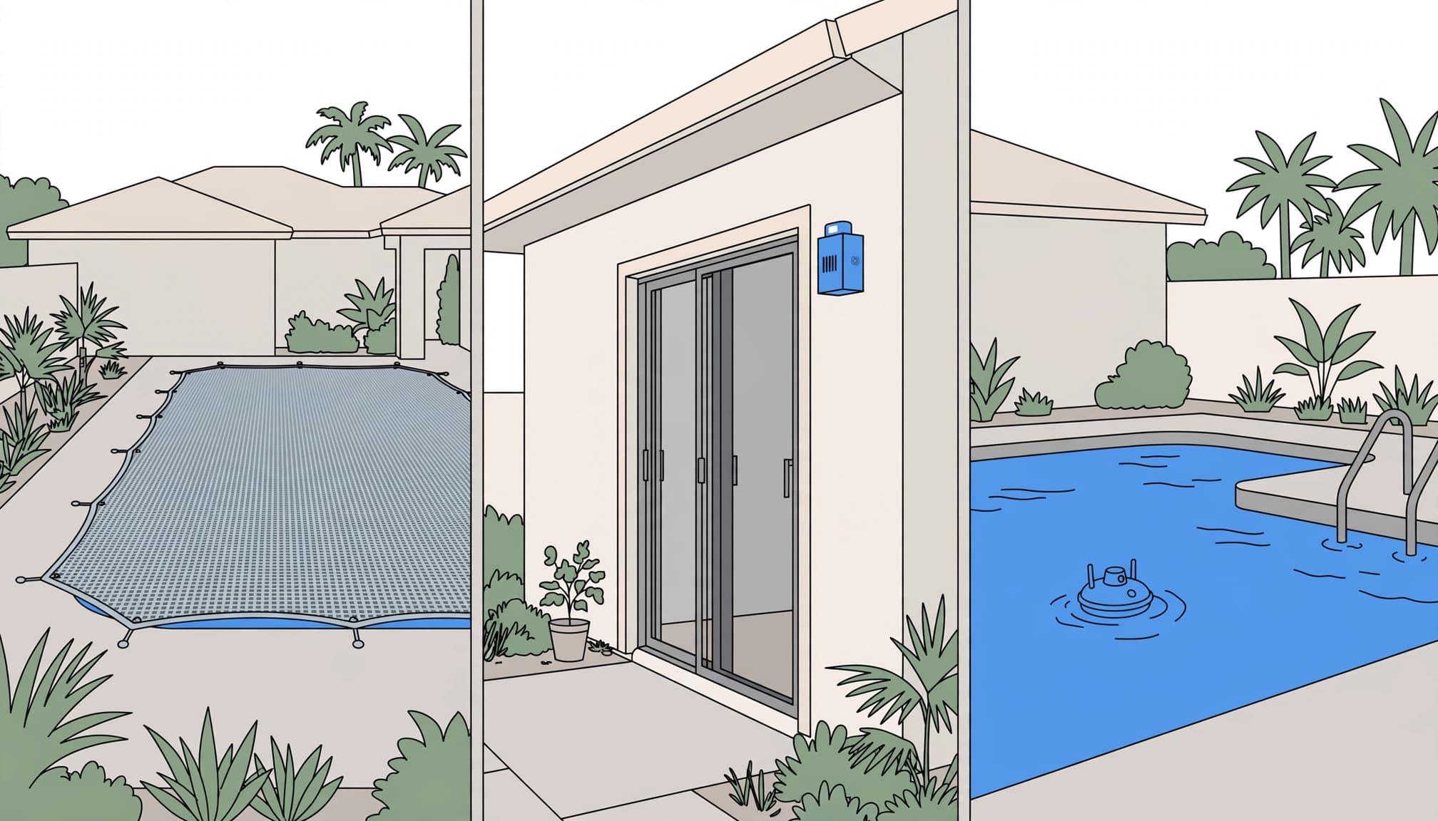 Florida pool safety requirements illustrated with a safety cover, door exit alarm, and pool-entry alarm
